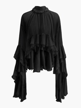Commense Sheer Turtleneck Ruffle Chiffon Blouse in Black - Size XS